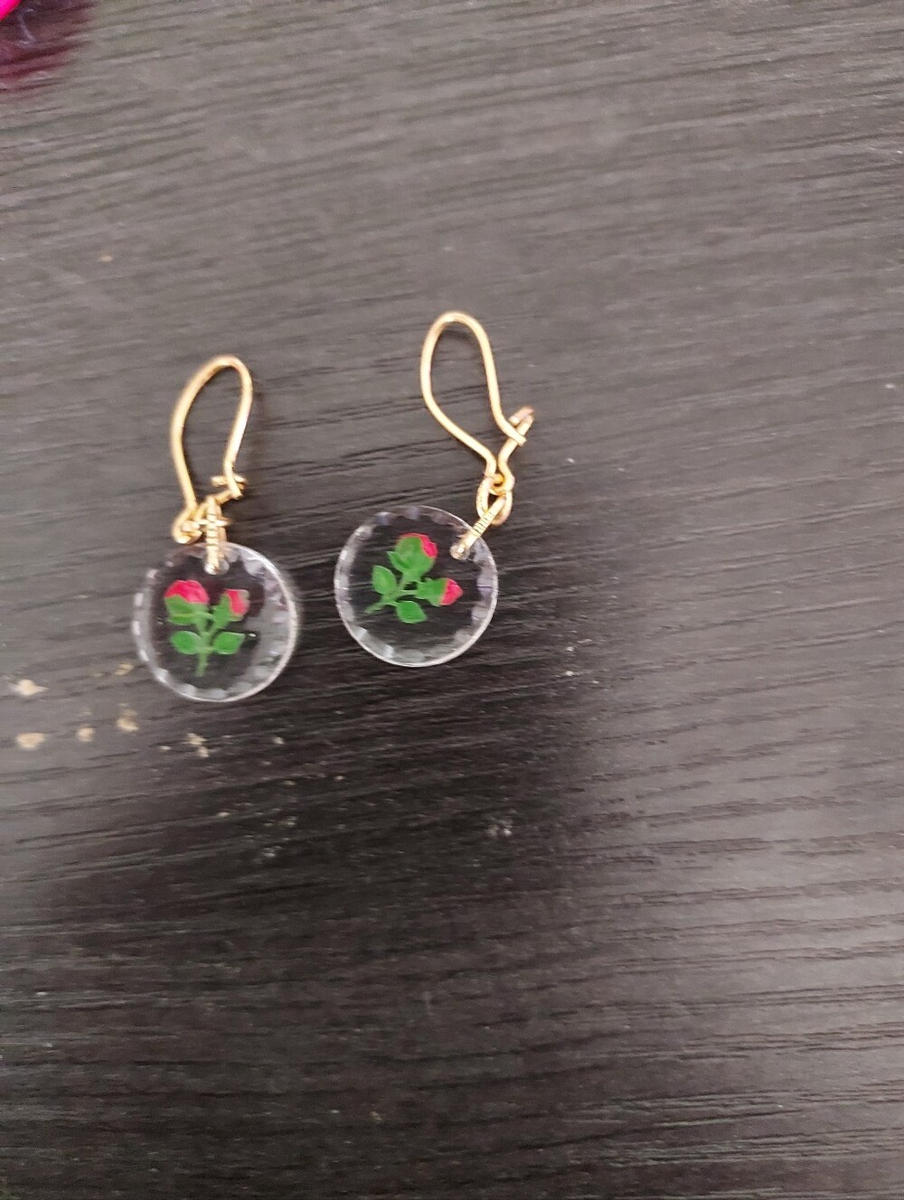 Gold-Tone Clear Disc Earrings with Pink Rose Motif